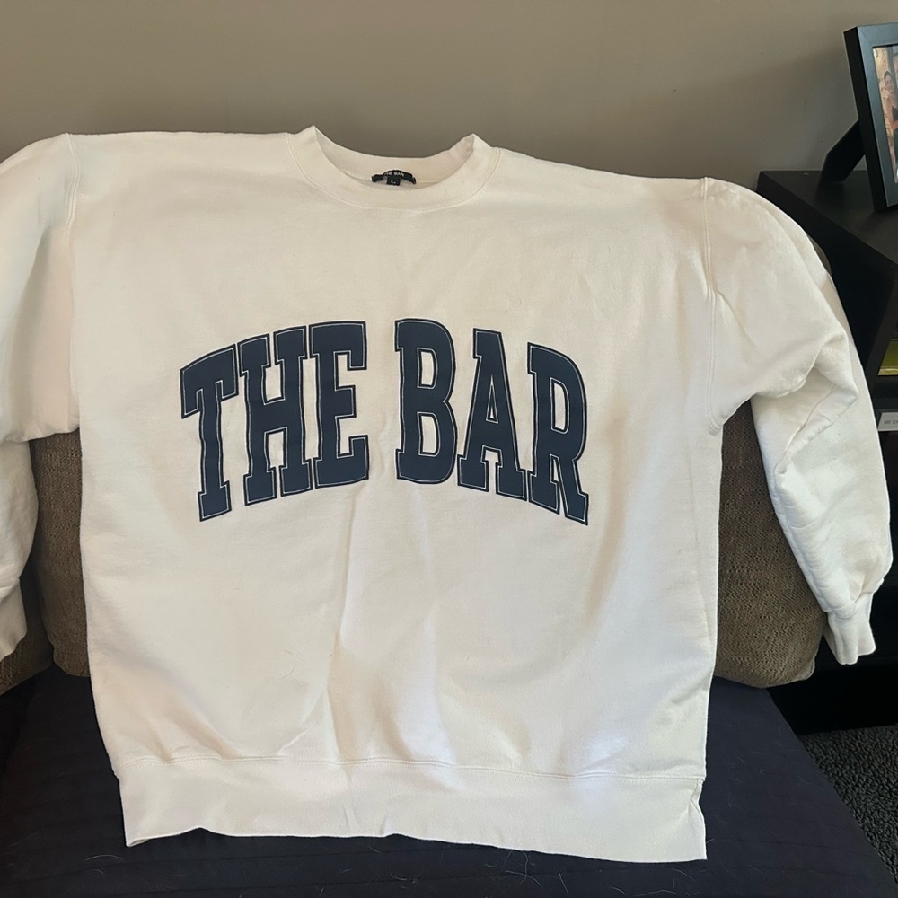 The Bar White Crewneck Sweater with Navy Logo